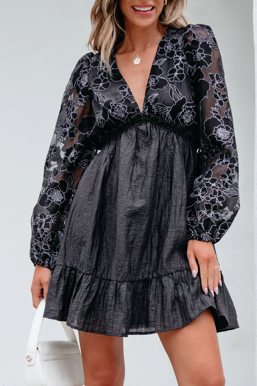 Black Floral Sheer Sleeve Textured Mini Dress - Magnolia Boutique