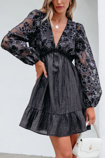 Black Floral Sheer Sleeve Textured Mini Dress - Magnolia Boutique