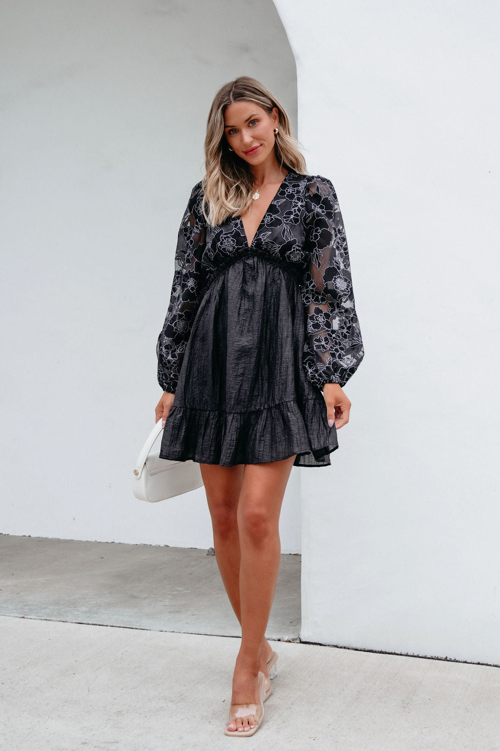 Black Floral Sheer Sleeve Textured Mini Dress - Magnolia Boutique