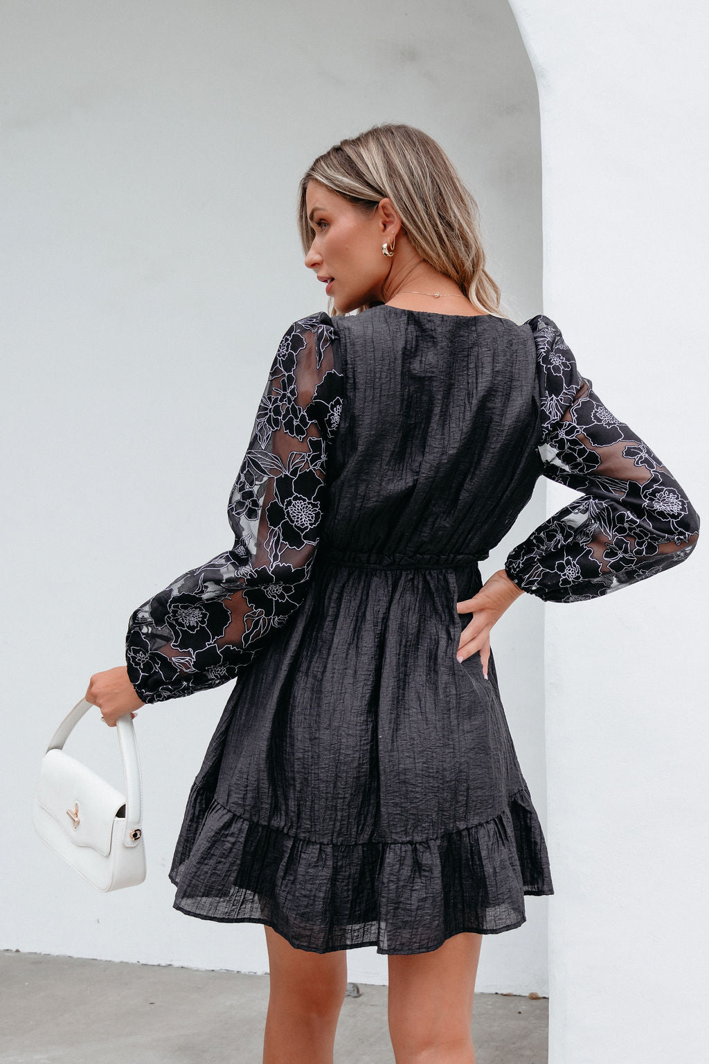 Black Floral Sheer Sleeve Textured Mini Dress - Magnolia Boutique