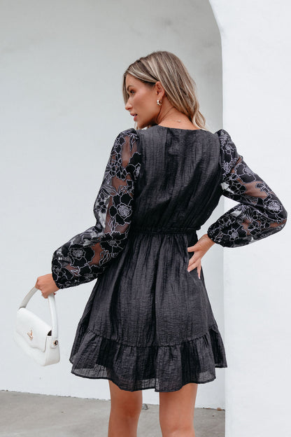 Black Floral Sheer Sleeve Textured Mini Dress - Magnolia Boutique