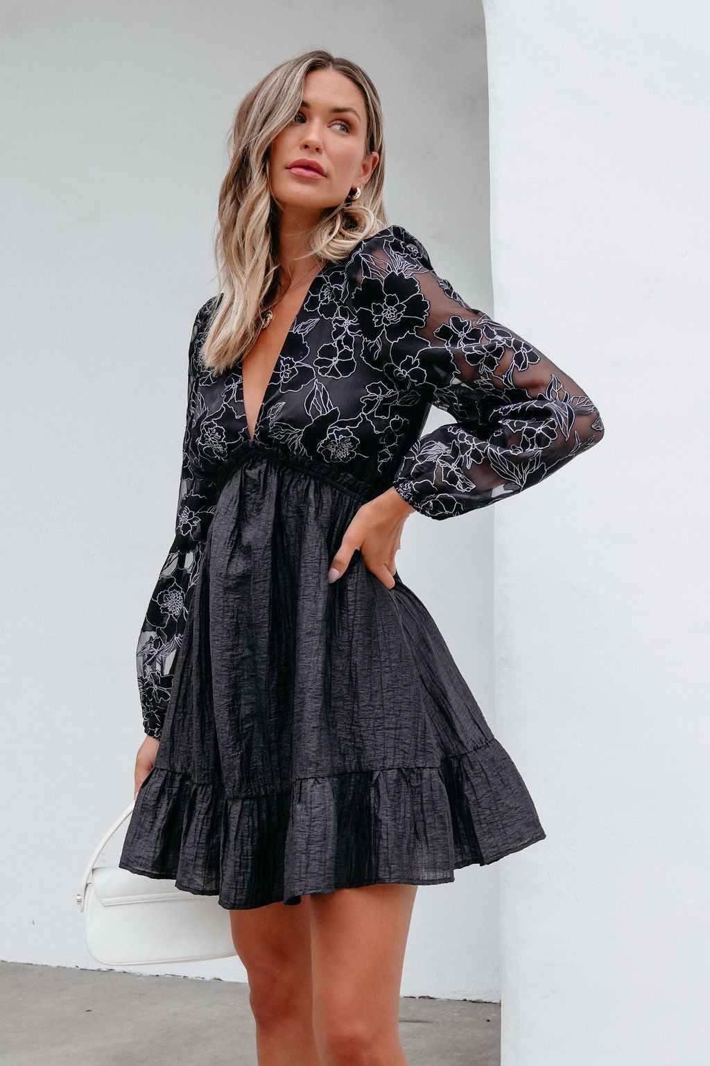 Black Floral Sheer Sleeve Textured Mini Dress - Magnolia Boutique