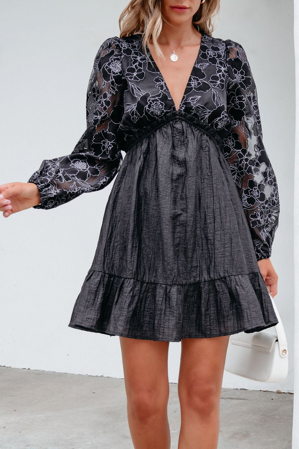 Black Floral Sheer Sleeve Textured Mini Dress - Magnolia Boutique