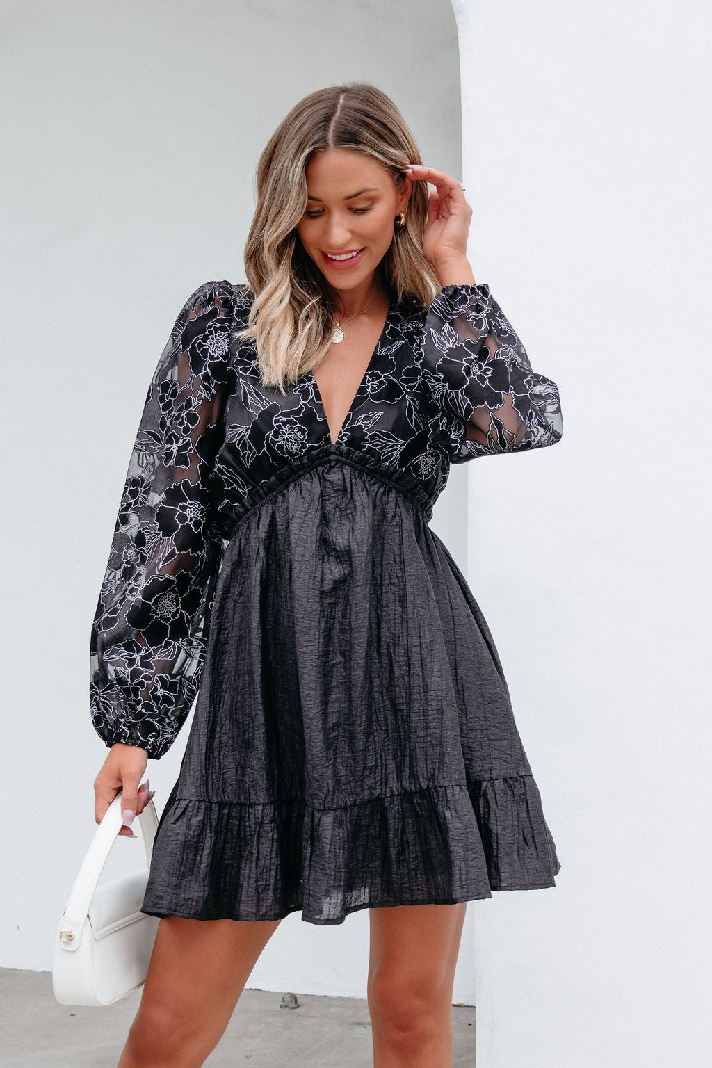 Black Floral Sheer Sleeve Textured Mini Dress - Magnolia Boutique