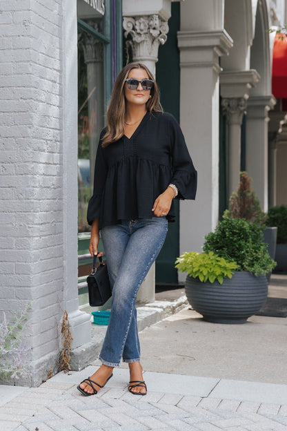 Black Lace Trim Bell Sleeve Blouse - Magnolia Boutique