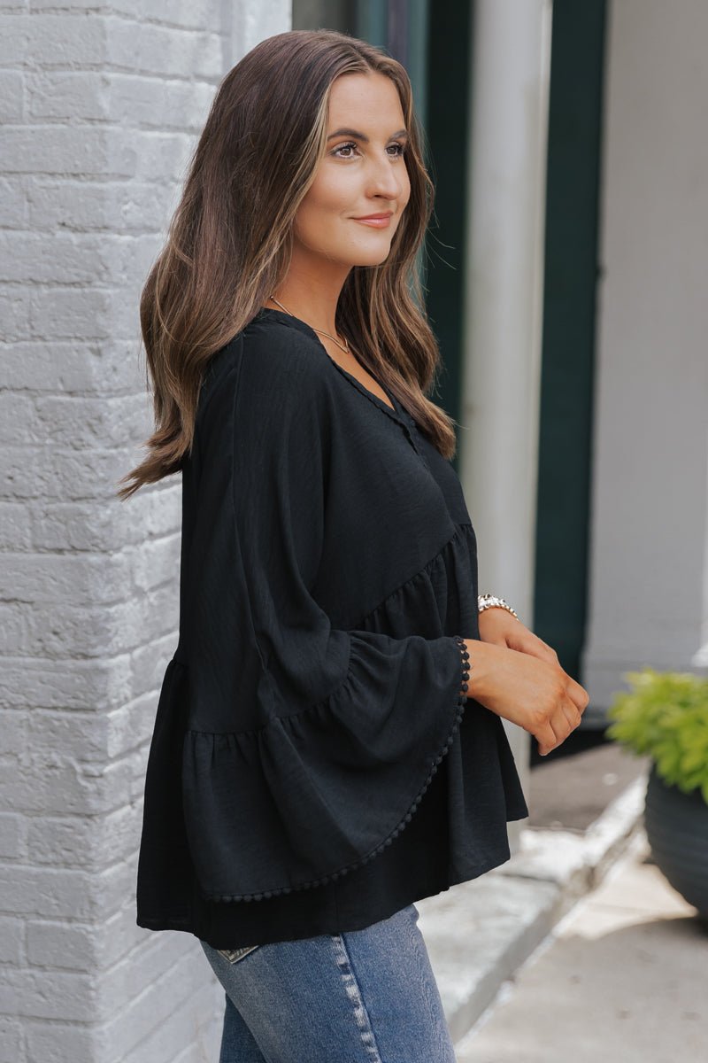 Black Lace Trim Bell Sleeve Blouse - Magnolia Boutique