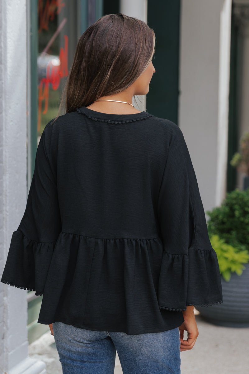 Black Lace Trim Bell Sleeve Blouse - Magnolia Boutique