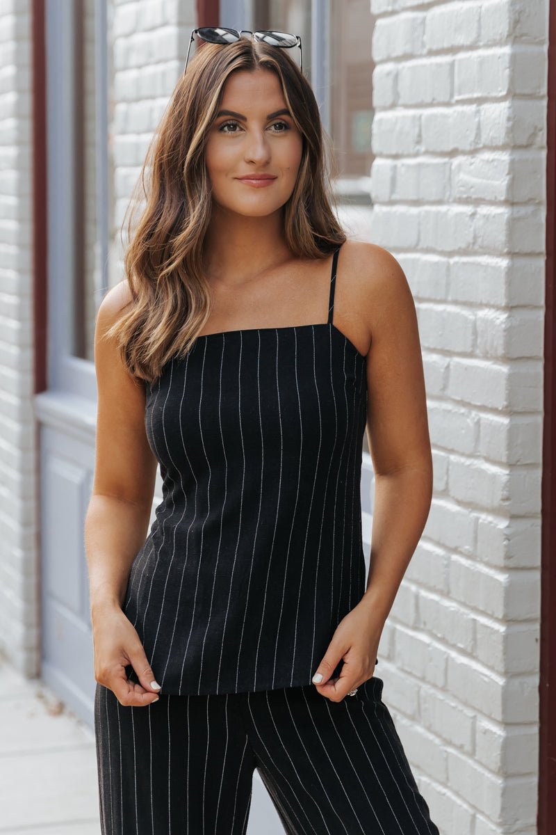 Black Pinstripe Linen Tank Top - Magnolia Boutique