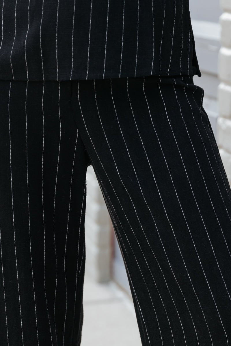 Black Pinstripe Low Rise Linen Pants - Magnolia Boutique