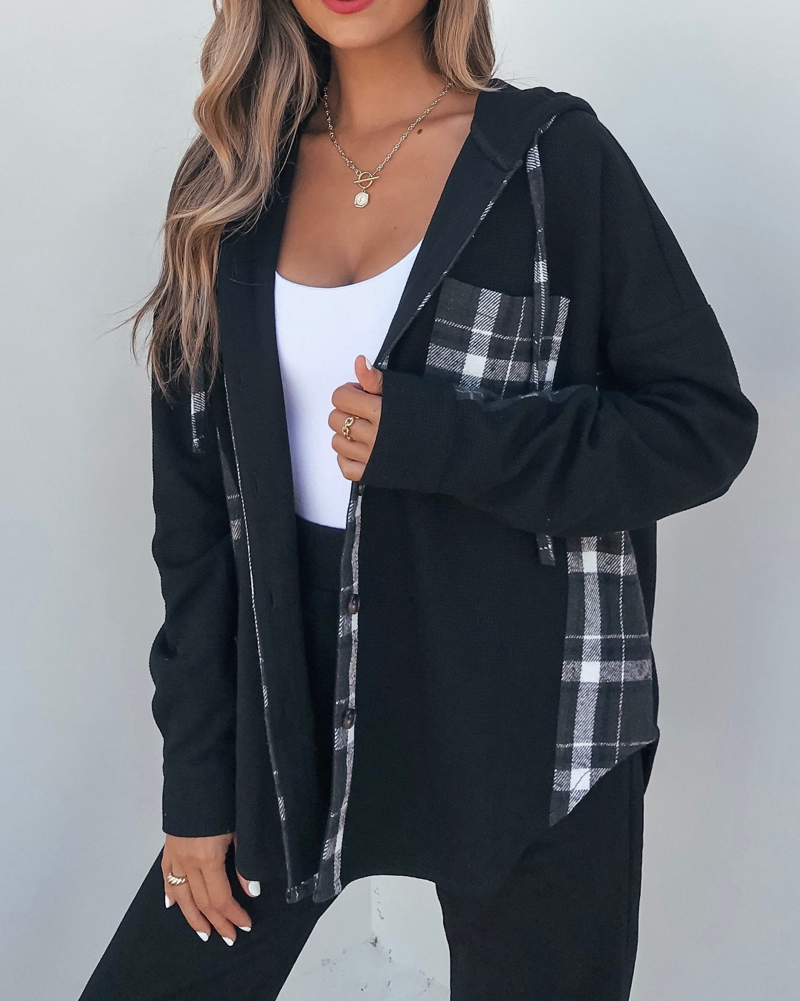 Black Plaid Flannel Hooded Shacket - Magnolia Boutique