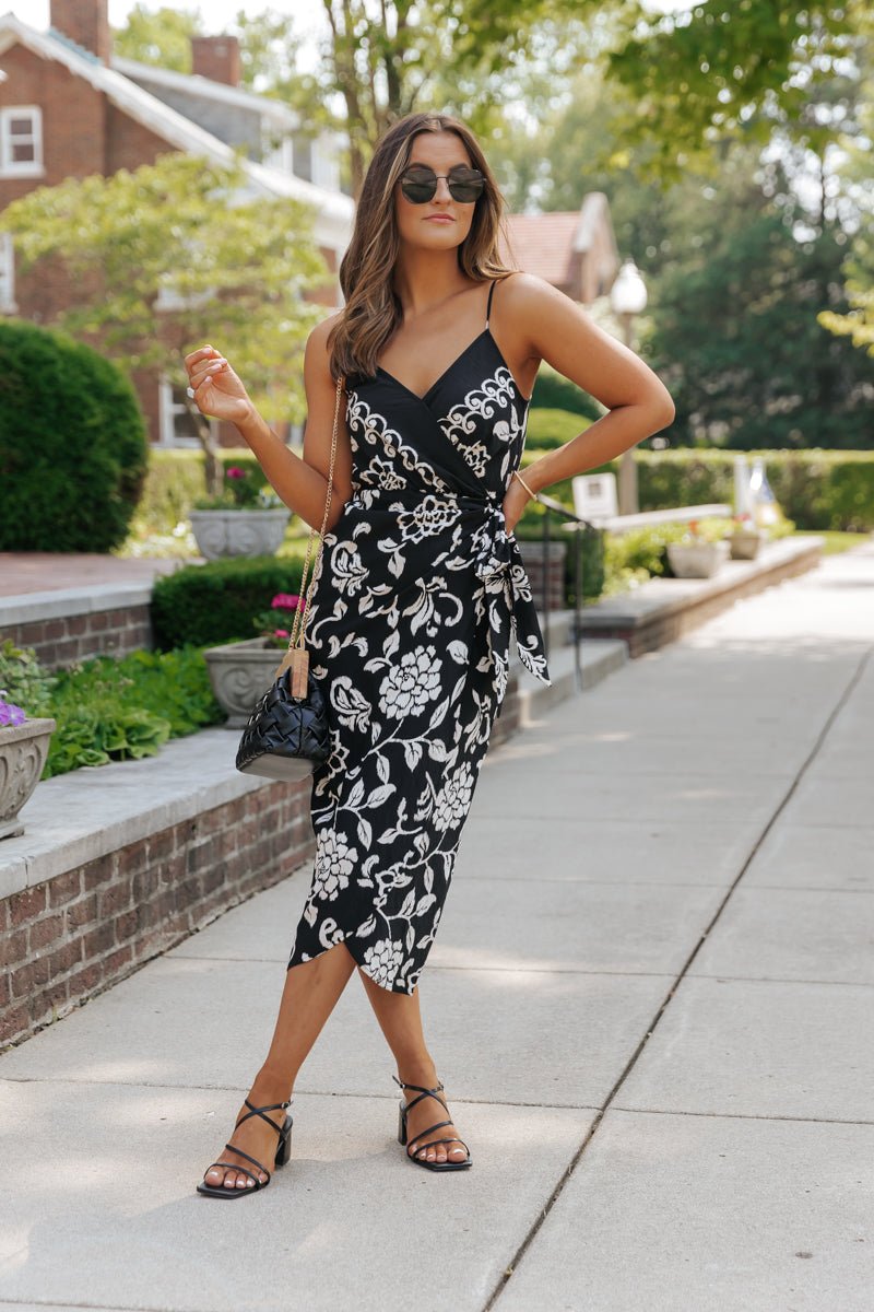 Black Print Tie Waist Midi Dress - Magnolia Boutique