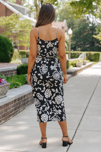 Black Print Tie Waist Midi Dress - Magnolia Boutique