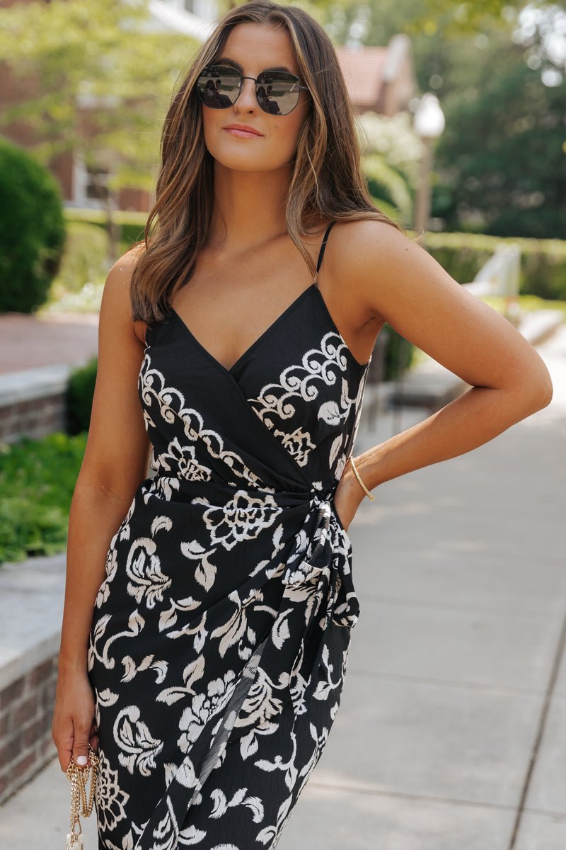 Black Print Tie Waist Midi Dress - Magnolia Boutique