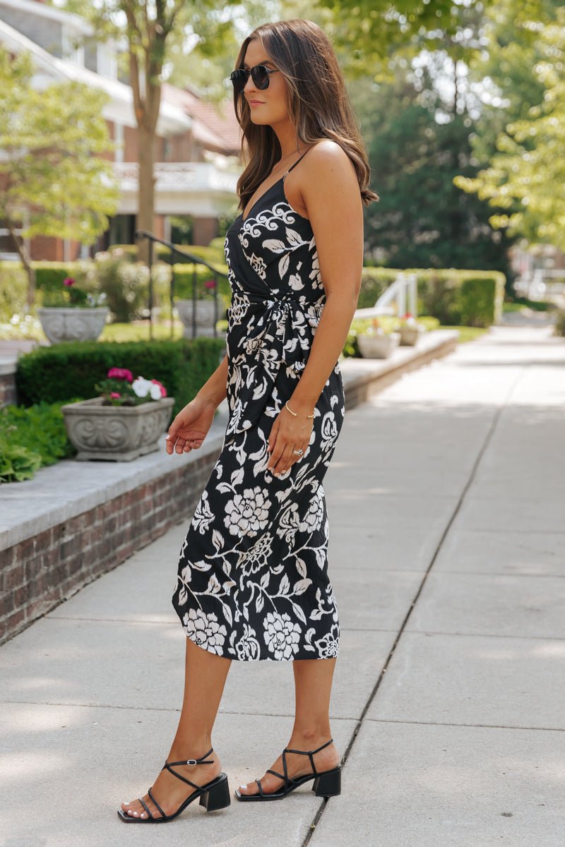 Black Print Tie Waist Midi Dress - Magnolia Boutique