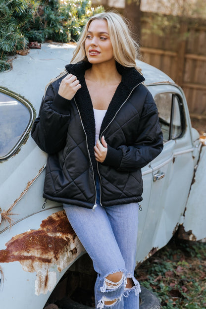 Black Reversible Faux Fur Puffer Jacket - Magnolia Boutique