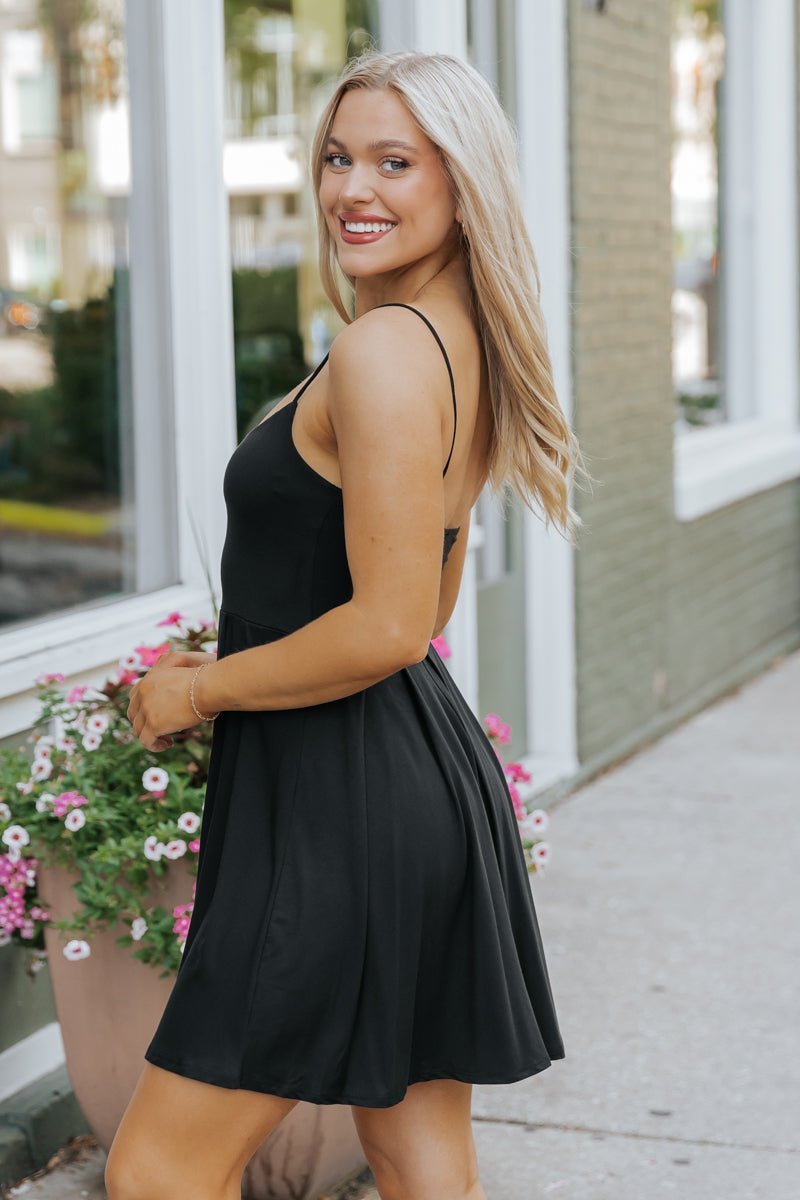 Black Scoop Neck Pleated Mini Dress - Magnolia Boutique