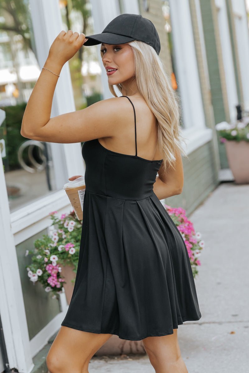 Black Scoop Neck Pleated Mini Dress - Magnolia Boutique