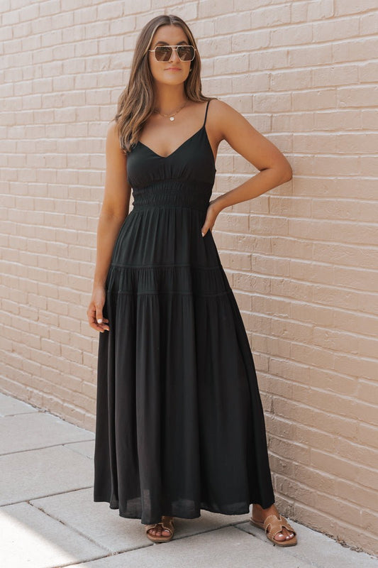 Black Shirred Waist Tiered Maxi Dress - Magnolia Boutique