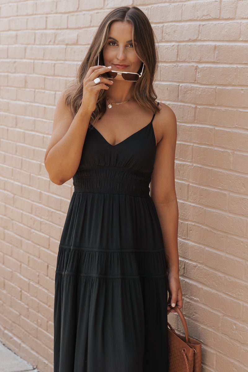 Black Shirred Waist Tiered Maxi Dress - Magnolia Boutique