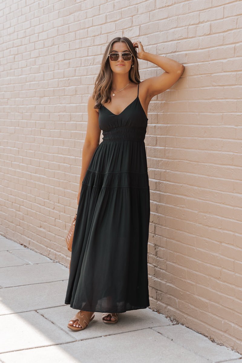 Black Shirred Waist Tiered Maxi Dress - Magnolia Boutique