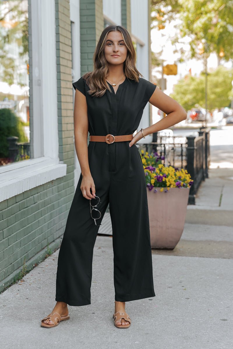 Black Short Sleeve Belted Jumpsuit - Magnolia Boutique