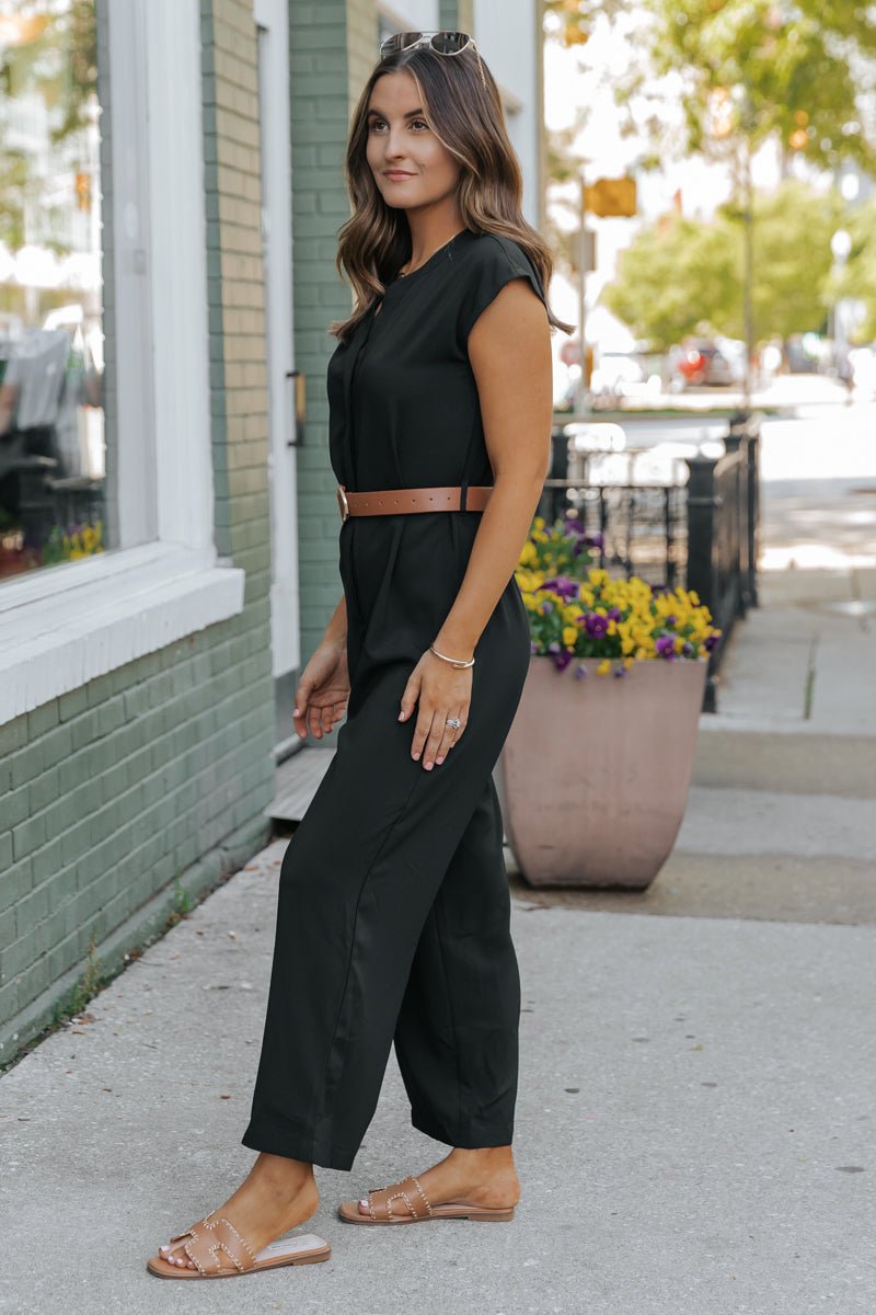 Black Short Sleeve Belted Jumpsuit - Magnolia Boutique