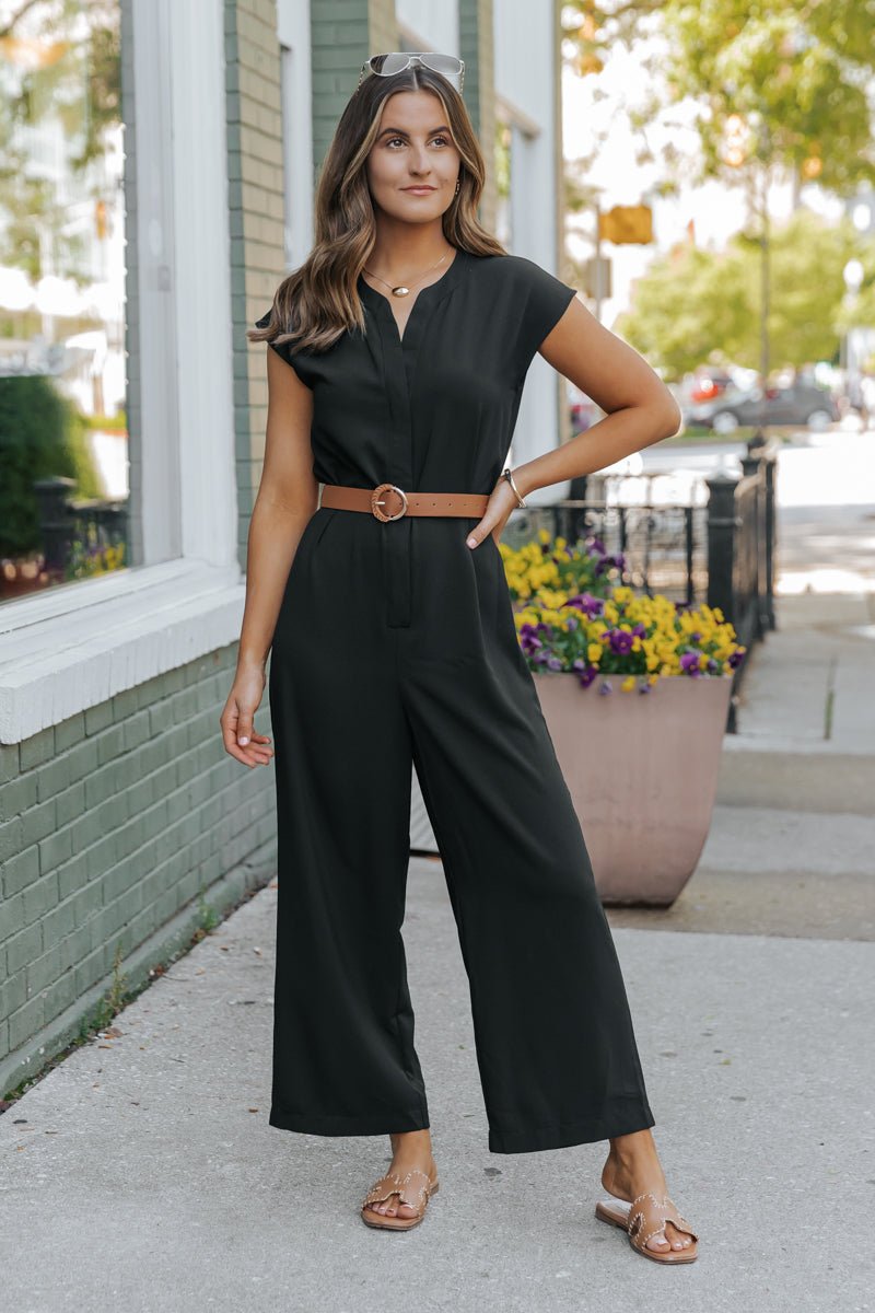 Black Short Sleeve Belted Jumpsuit - Magnolia Boutique