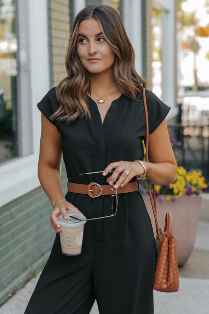 Black Short Sleeve Belted Jumpsuit - Magnolia Boutique