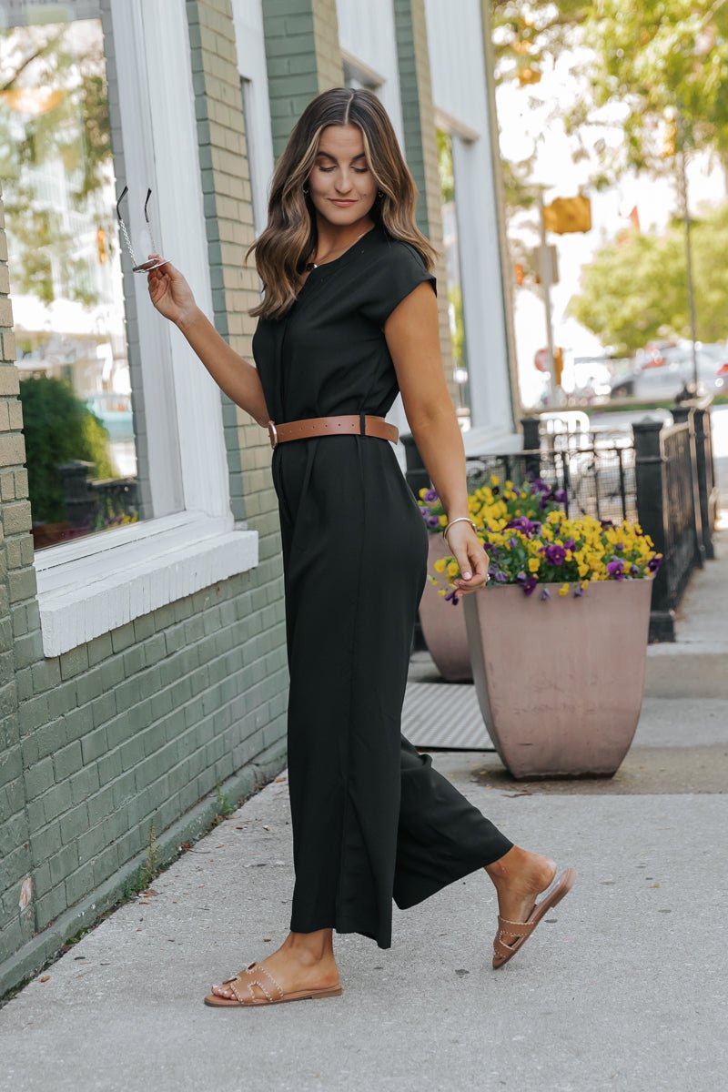 Black Short Sleeve Belted Jumpsuit - Magnolia Boutique