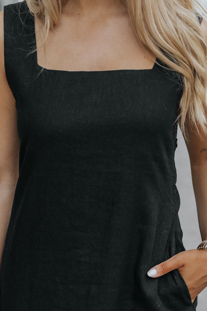 Black Square Neck Linen Mini Dress - Magnolia Boutique