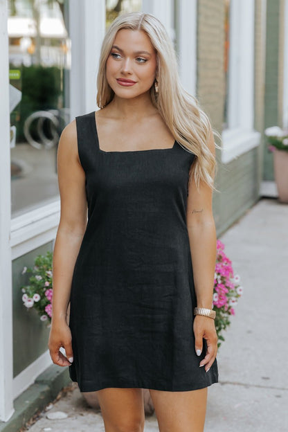 Black Square Neck Linen Mini Dress - Magnolia Boutique