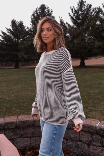 Black Striped Seam Detail Sweater - Magnolia Boutique