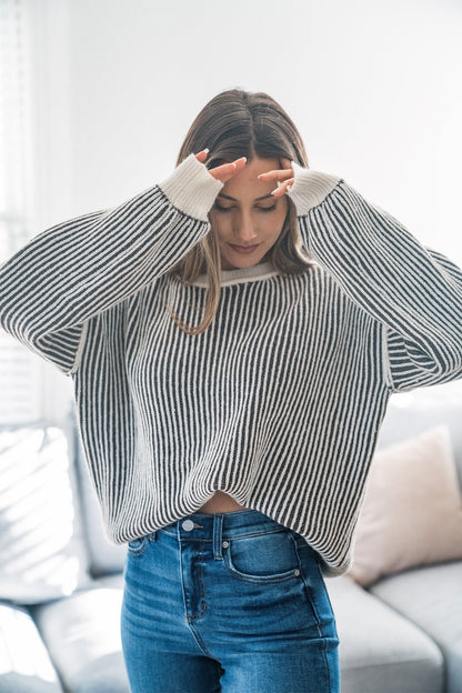 Black Striped Seam Detail Sweater - Magnolia Boutique