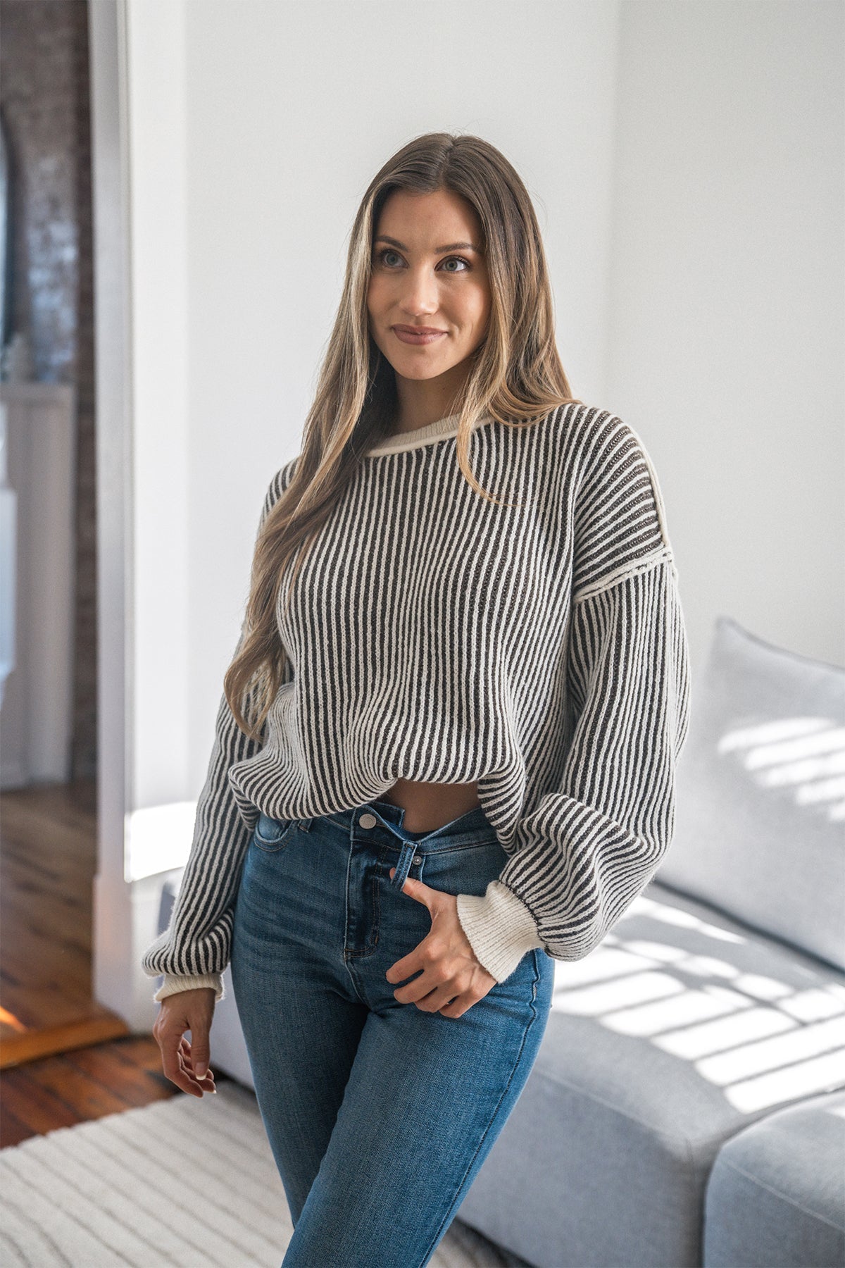 Black Striped Seam Detail Sweater - Magnolia Boutique