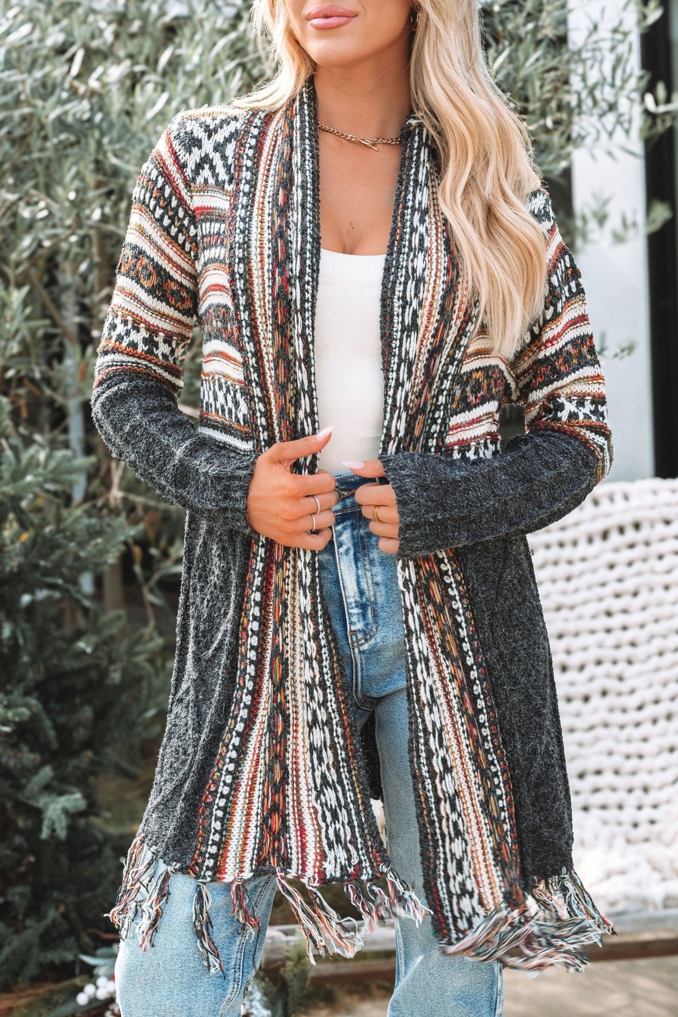 Black Tribal Print Fringe Duster Cardigan - Magnolia Boutique