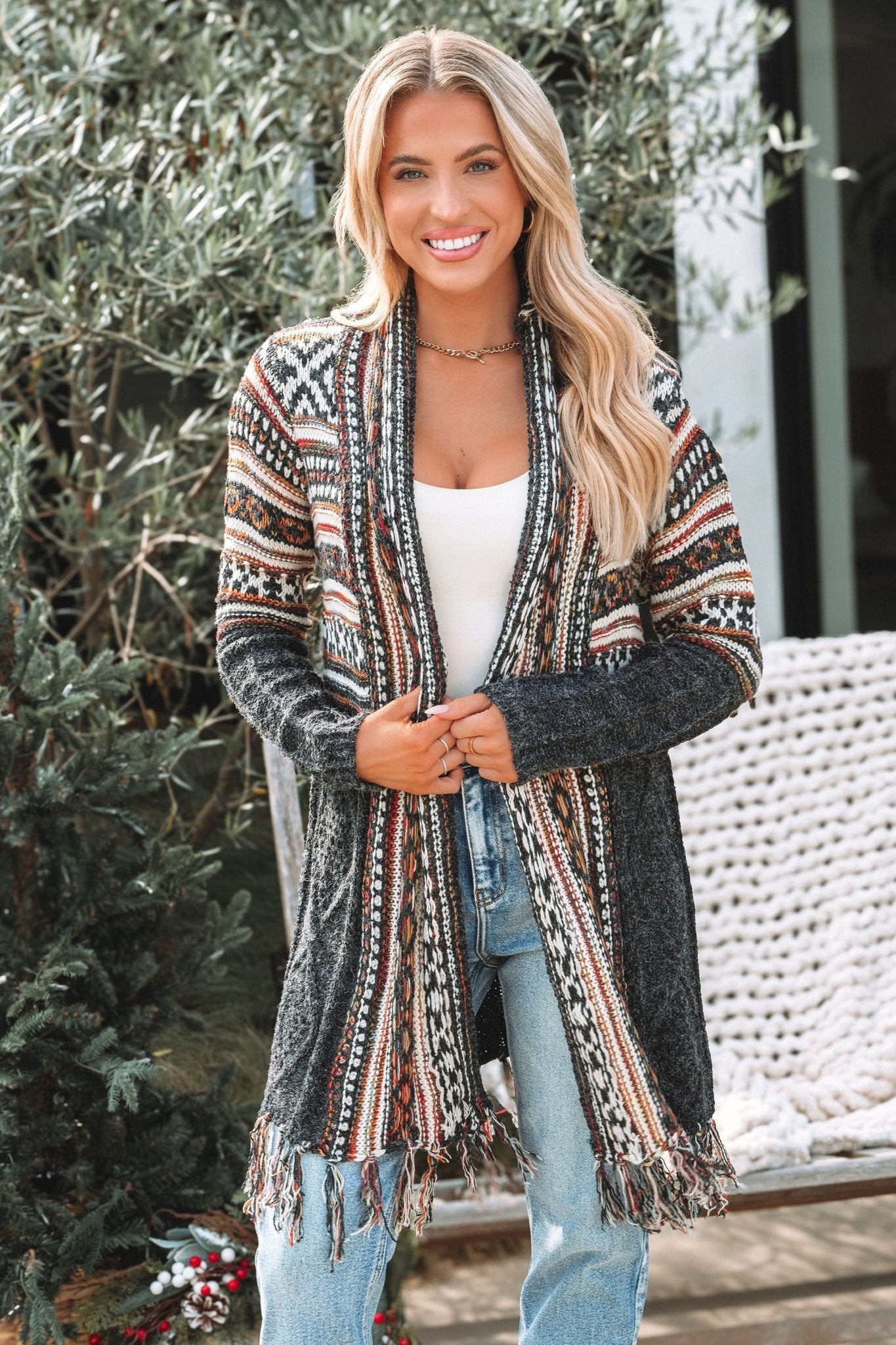 Black Tribal Print Fringe Duster Cardigan - Magnolia Boutique