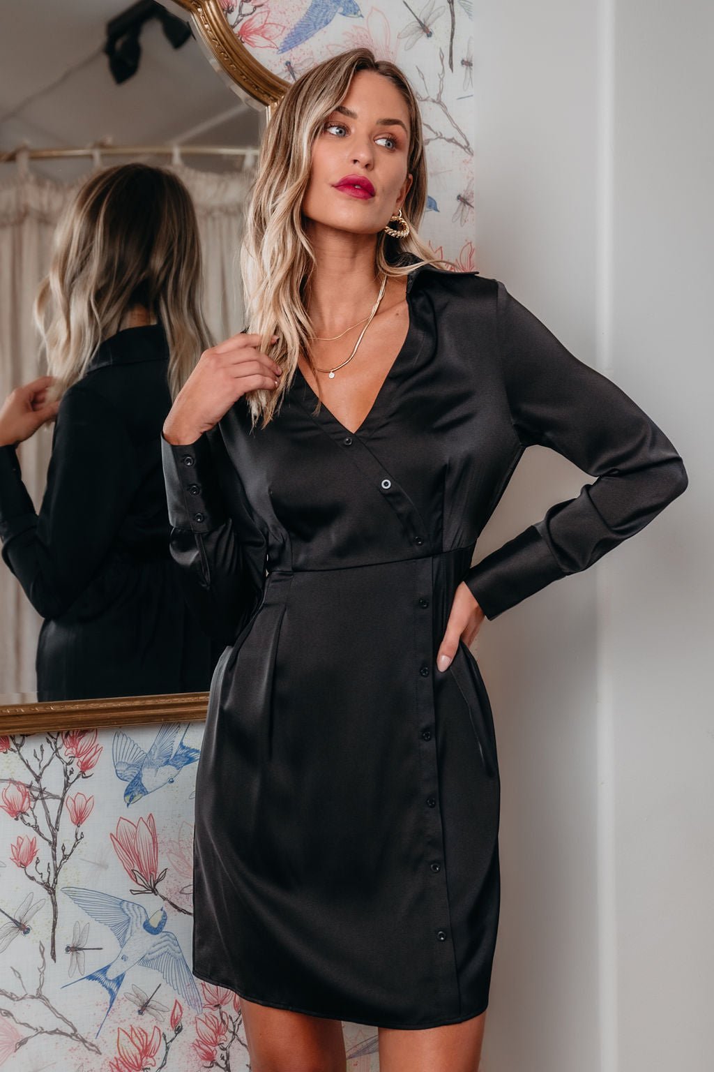 Black V Neck Satin Mini Dress - Magnolia Boutique