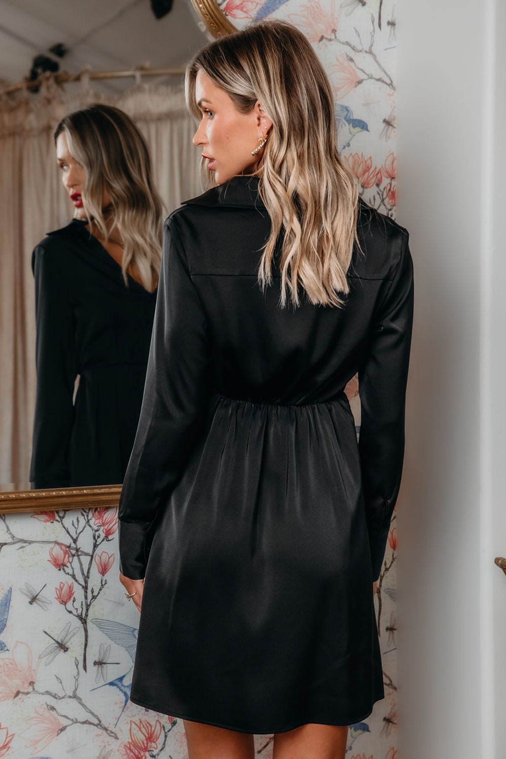 Black V Neck Satin Mini Dress - Magnolia Boutique