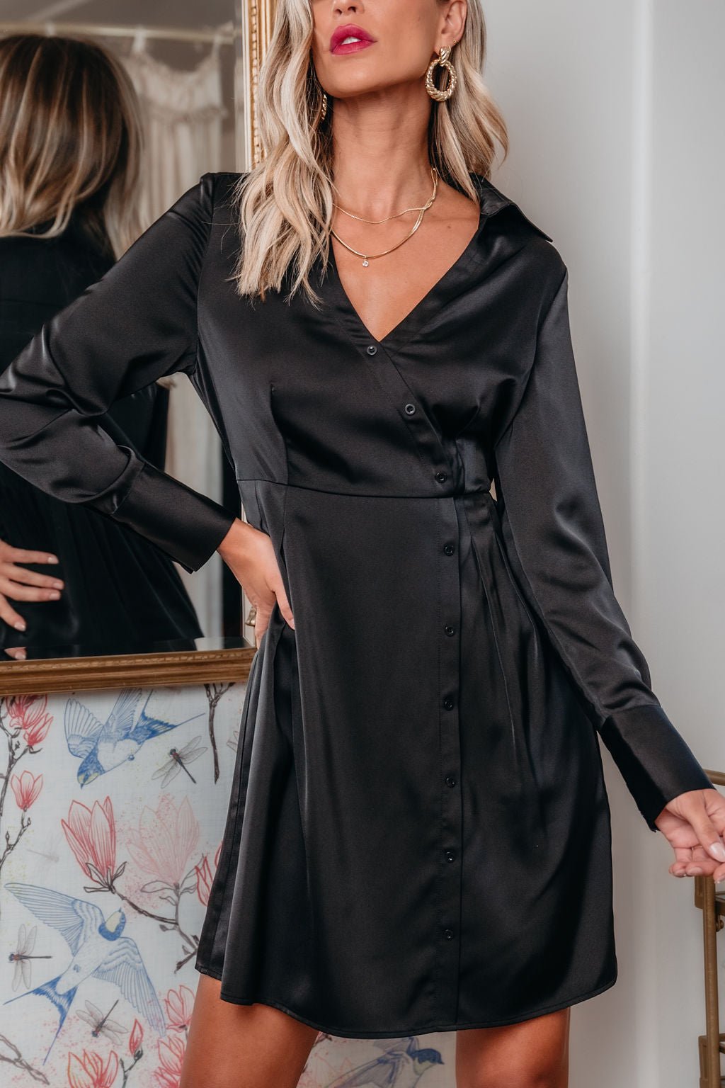 Black V Neck Satin Mini Dress - Magnolia Boutique