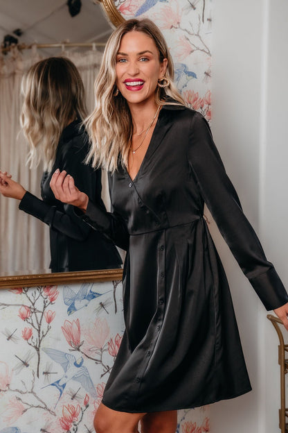 Black V Neck Satin Mini Dress - Magnolia Boutique