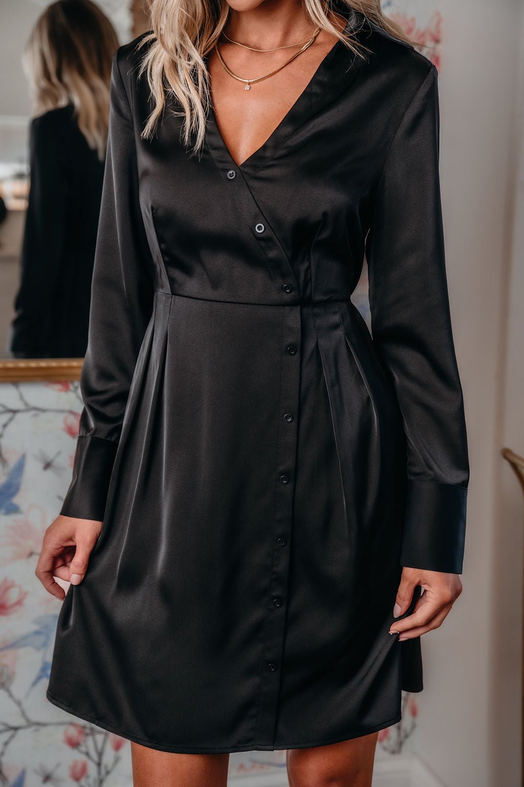 Black V Neck Satin Mini Dress - Magnolia Boutique