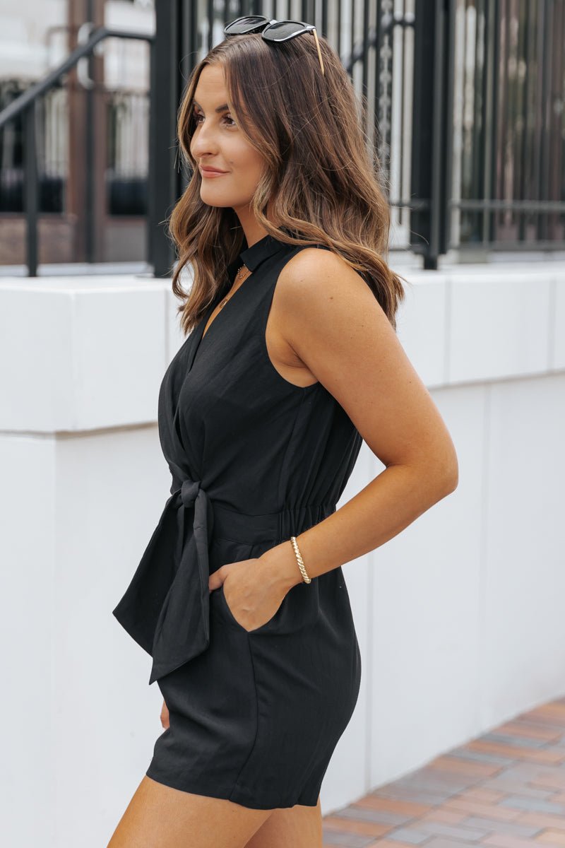 Black Wrap Tie Front Romper - Magnolia Boutique