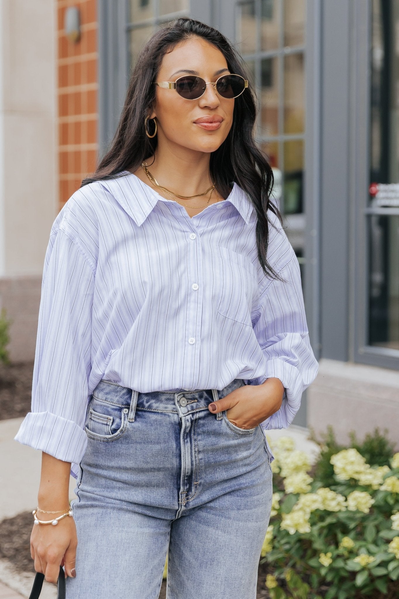 Blue and White Striped Button Down Shirt - Magnolia Boutique