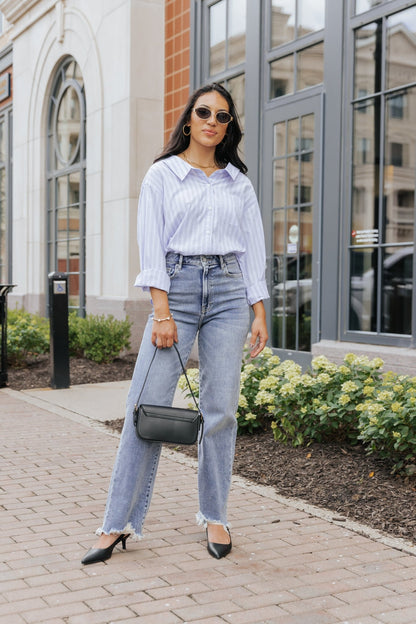 Blue and White Striped Button Down Shirt - Magnolia Boutique