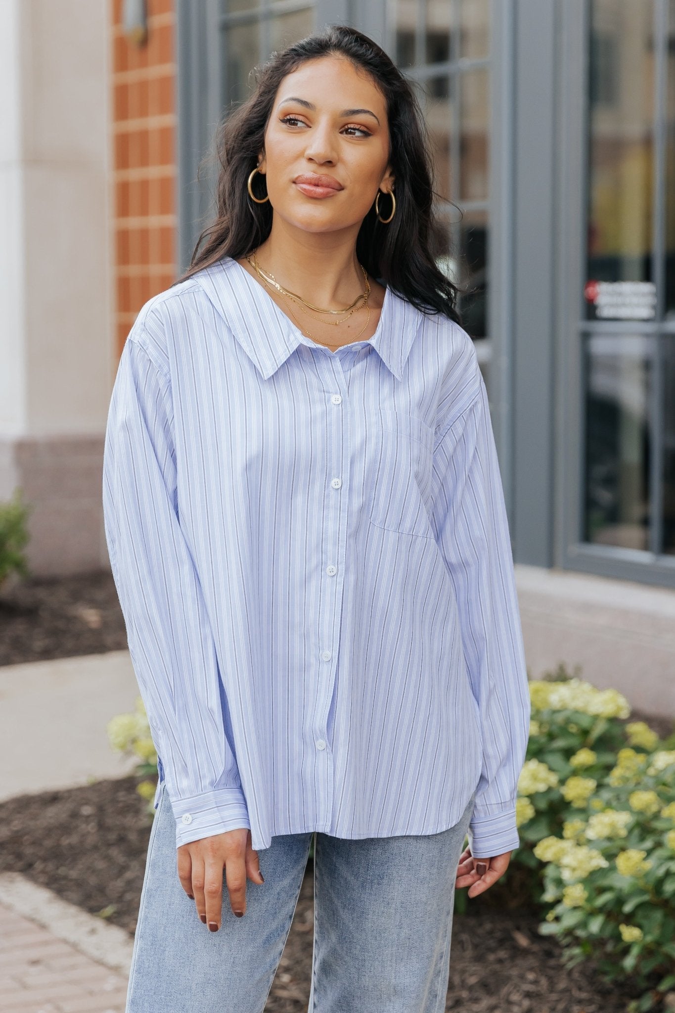 Blue and White Striped Button Down Shirt - Magnolia Boutique