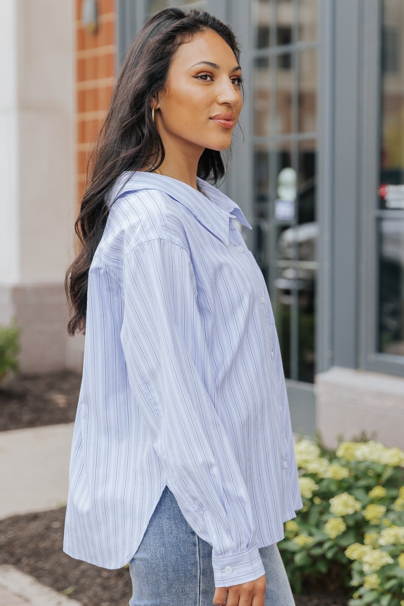 Blue and White Striped Button Down Shirt - Magnolia Boutique