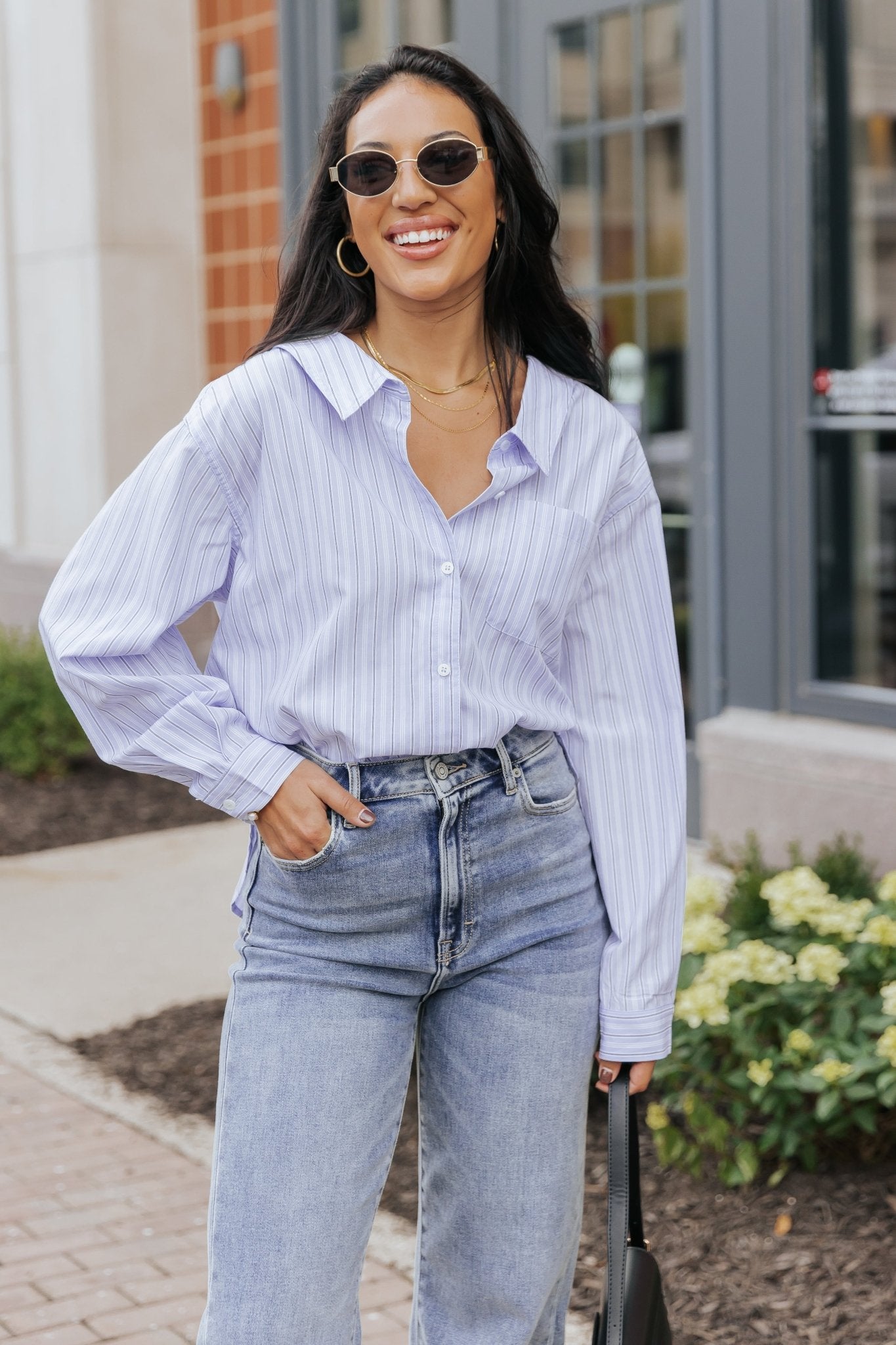 Blue and White Striped Button Down Shirt - Magnolia Boutique