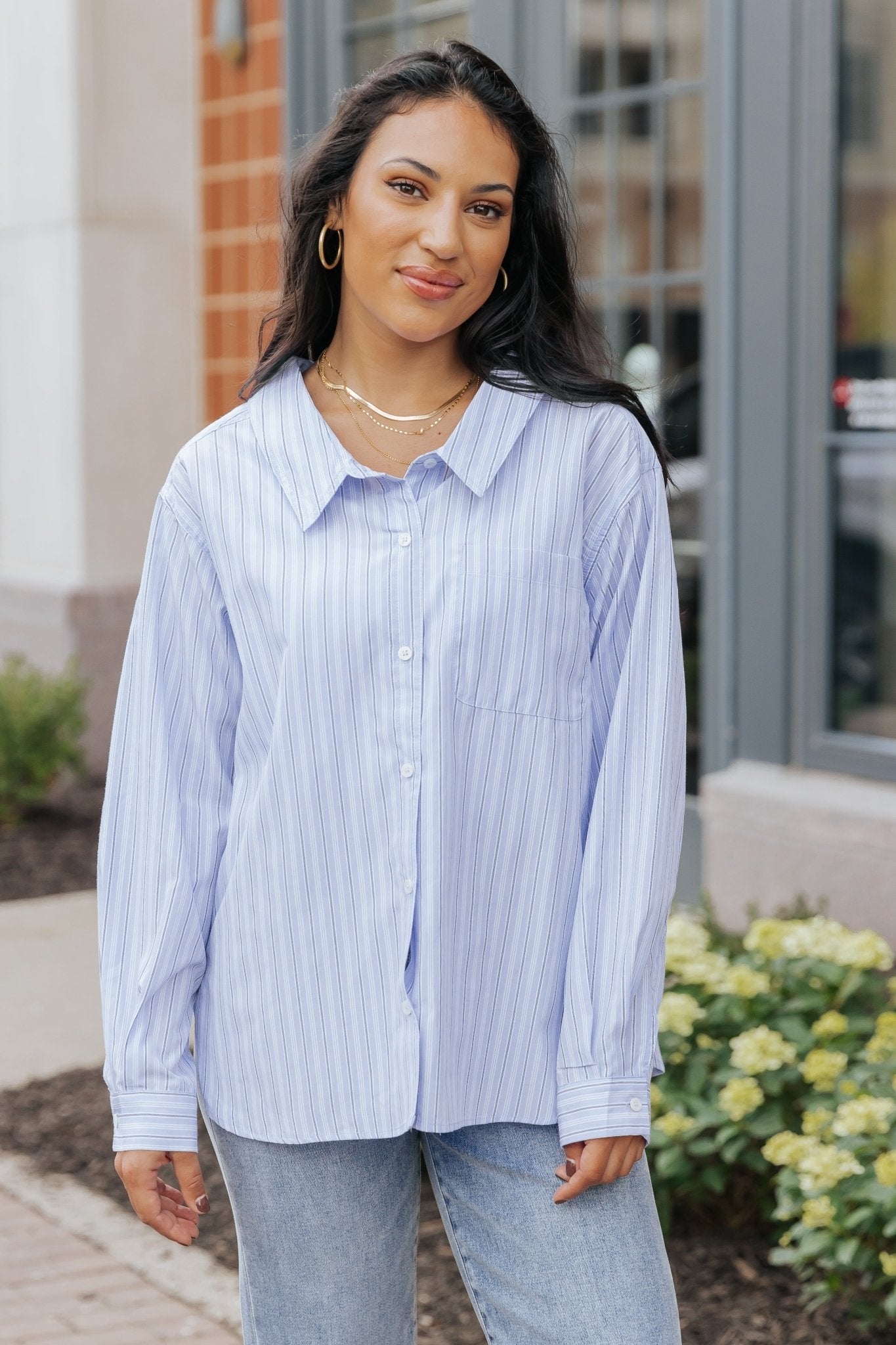 Blue and White Striped Button Down Shirt - Magnolia Boutique