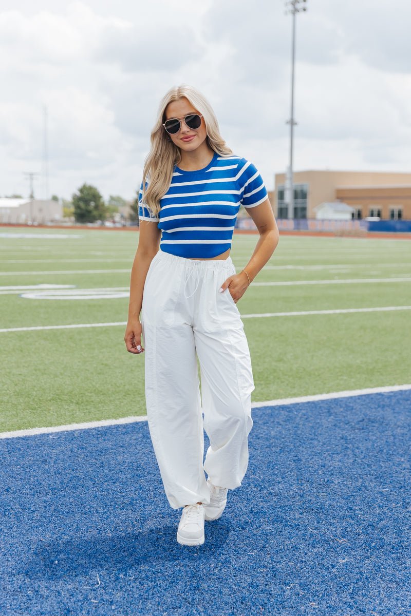 Blue and White Striped Cropped Sweater - Magnolia Boutique