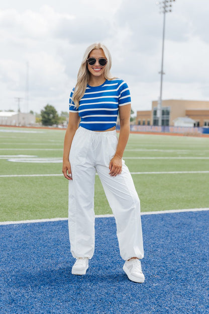 Blue and White Striped Cropped Sweater - Magnolia Boutique